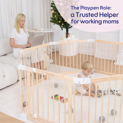 Foldable Wooden Baby Playpen Large Play Yard for Babies, 2-in-1 New Mom Helper Portable Fence, 25" Tall Custom Wood Gate with Adjustable Size & Shape for Infants 3-18 Months -63x63x25 inch