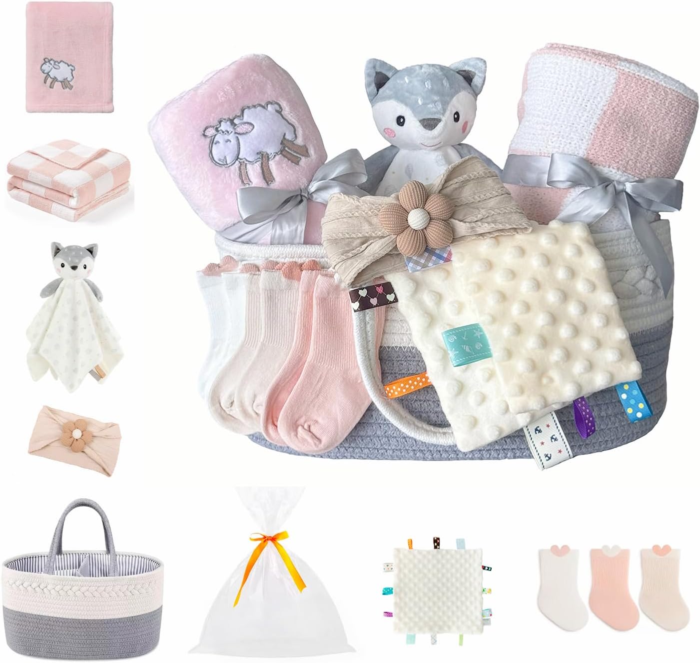 CREVENT Diaper Caddy Organizer, Baby Basket with Handle, Table Organizer for Storage, Portable Car Organizer, Baby Shower Gifts + Gift bag with Ribbon