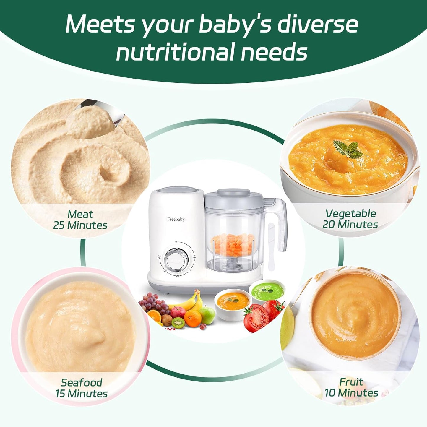 Freebaby 4 in 1 Baby Food Maker, One Step Baby Food Processor, Puree Blender Grinder Mills and Steamer, Baby Puree Maker with Steam Basket, One Button Easy Operation, BPA-Free