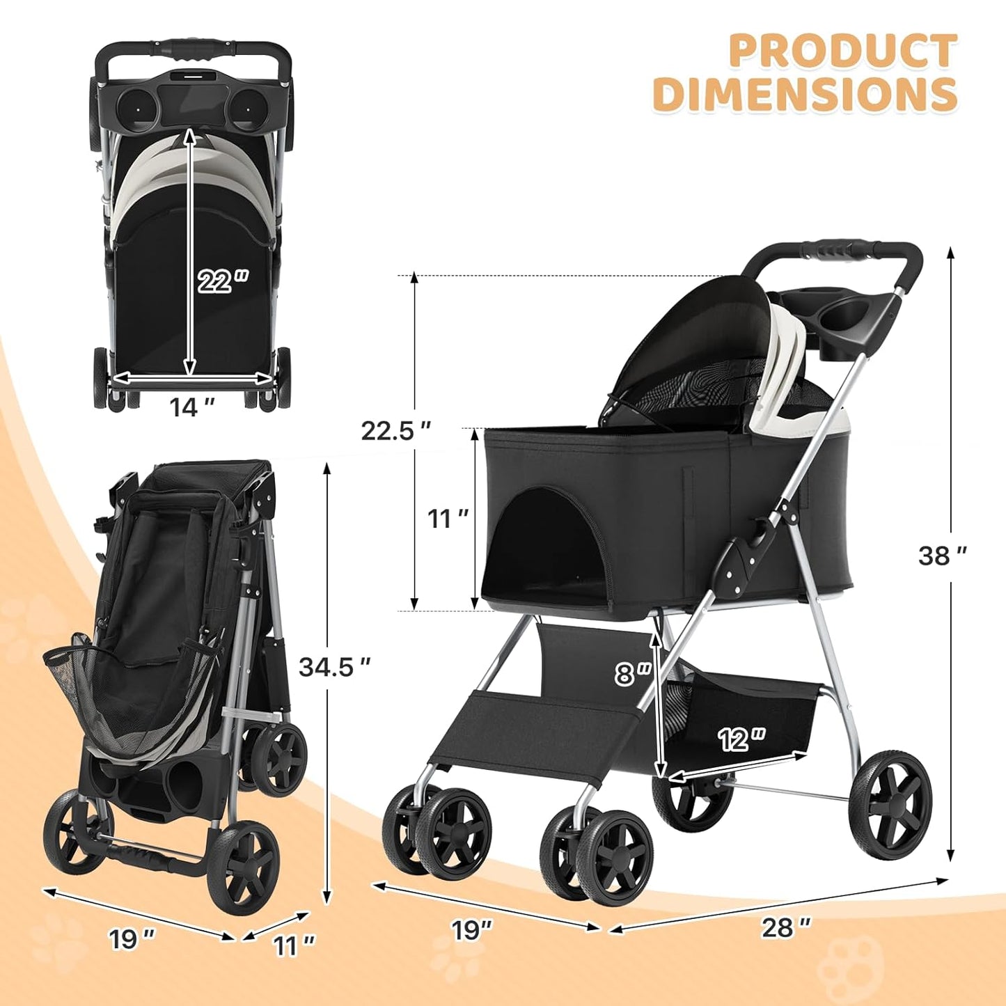Magshion Compact Pet Stroller for Small-Medium Dogs/Cats up to 22lbs, 4-Wheel Lightweight Umbrella Shaped Portable Puppy Travel Jogger with Breathable Mesh, Cup Holder & Rear Storage, Black