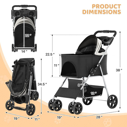 Magshion Compact Pet Stroller for Small-Medium Dogs/Cats up to 22lbs, 4-Wheel Lightweight Umbrella Shaped Portable Puppy Travel Jogger with Breathable Mesh, Cup Holder & Rear Storage, Black