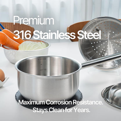 316 Stainless Steel 2.3 Quart Sauce Pan Baby Food Maker with Steamer Basket, Strainer & Lid, 3-in-1 Multi-Function Pot, 5-Ply Induction Cookware, Dishwasher & Oven Safe