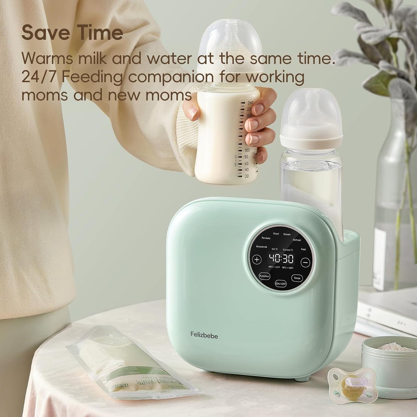 Baby Bottle Warmer, Felizbebe 10-in-1 Double Bottle Warmer for Breastmilk or Formula, Accurate Temperature Control, Timer, Sterili-zing, Defrost, Heat Food, Keep Warm, Breast Milk Warmer for Baby