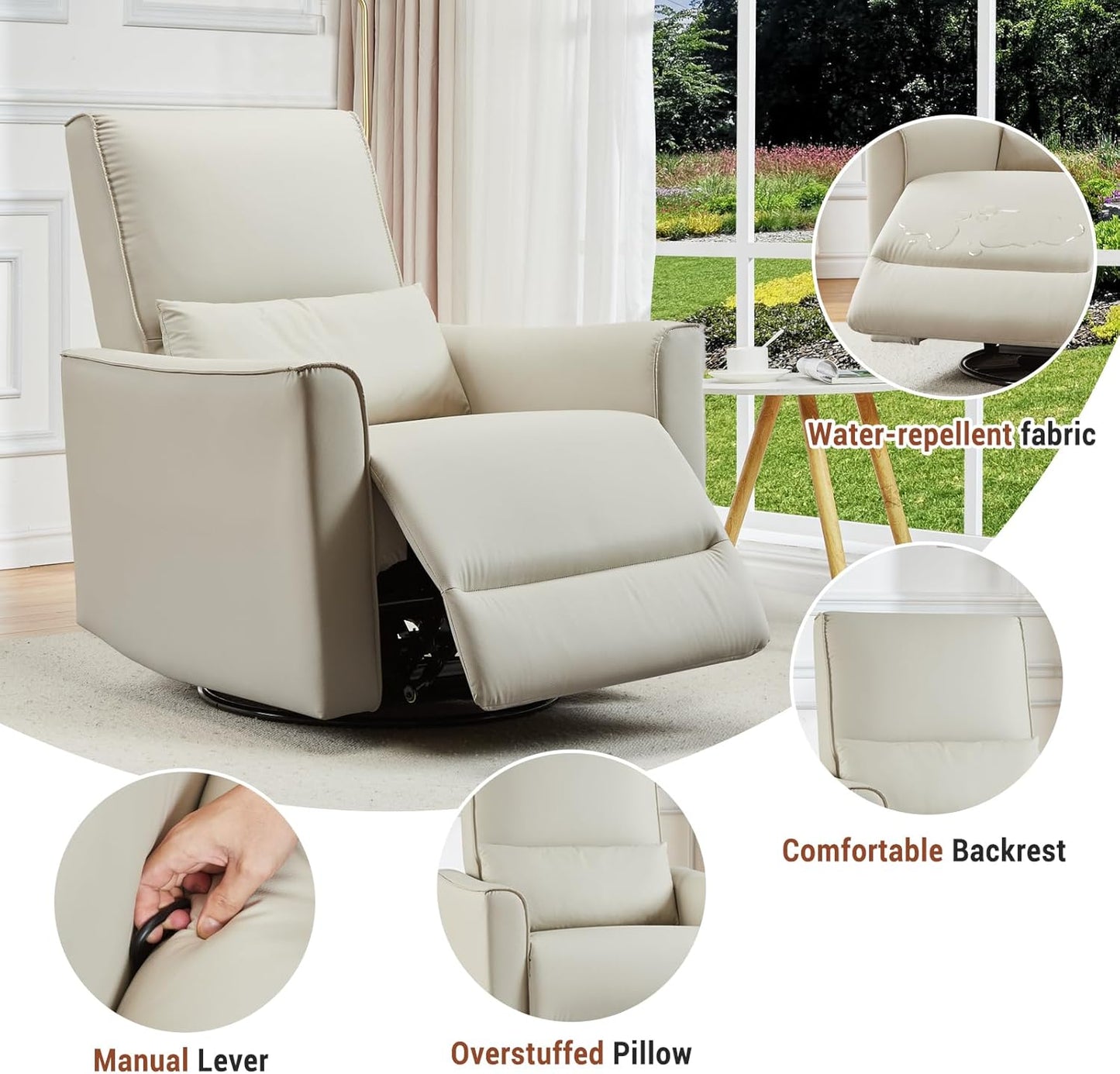 GAOMON Swivel Rocking Recliner Chair, Manual Leather Recliner Glider with Lumbar Support & Padded Armrest, Comfortable Rocker Nursery Single Sofa for Living Room and Bedroom (Cream)