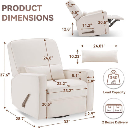 Tbfit Nursery Rocking Chair,360°Swivel Recliner Chair with Lumbar Support for Bedroom, Comfy Upholstered Armchair with Pillows & Footrest for Living Room & Baby Room