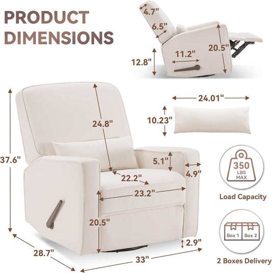 Tbfit Nursery Rocking Chair,360°Swivel Recliner Chair with Lumbar Support for Bedroom, Comfy Upholstered Armchair with Pillows & Footrest for Living Room & Baby Room