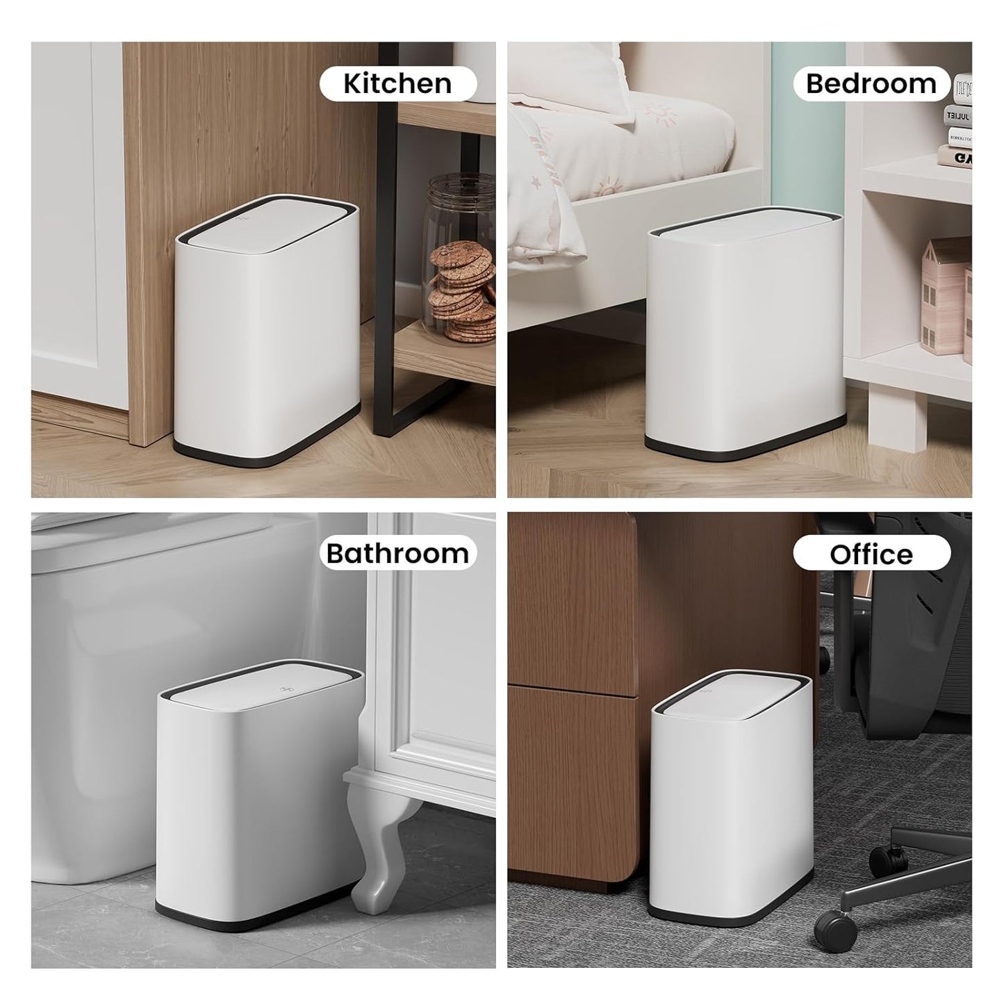 Small Bathroom Trash Can with Lid, 8L / 2.1 Gallon Narrow Garbage Bin with Wheels, Air-Press Bag Expander & Inner Bucket, Press Top Wastebasket for Bedroom, Office, Toilet, Odor Sealing Diaper Pail