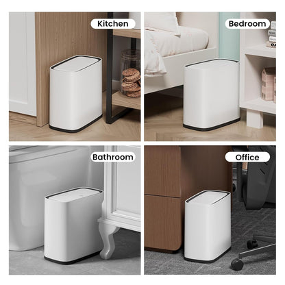 Small Bathroom Trash Can with Lid, 8L / 2.1 Gallon Narrow Garbage Bin with Wheels, Air-Press Bag Expander & Inner Bucket, Press Top Wastebasket for Bedroom, Office, Toilet, Odor Sealing Diaper Pail