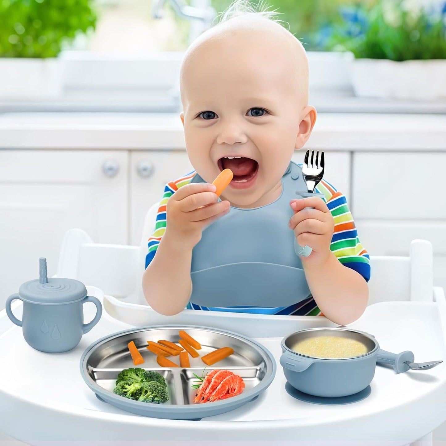 MISSLILI Stainless Steel Kids Plates and Bowls Set with Suction, Divided Baby Plate and Toddler Bowl with Removable Silicone Suction,Stainless Steel Weaning Bundle, Silicone Baby Feeding Set (Pink)
