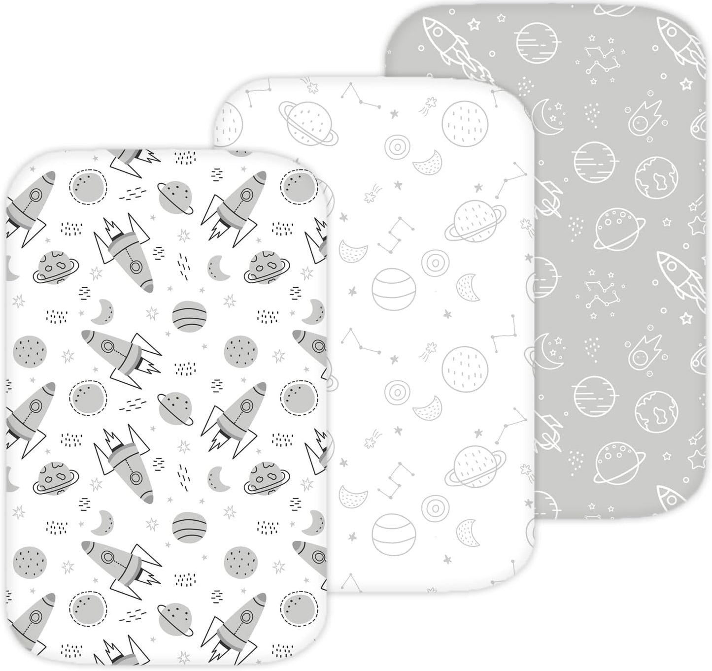 Bassinet Sheets for Papablic, CoZee, Cowiewie, Ezebaby, Nawahev Baby Bassinet Bedside Sleeper by TansyPanda, 3PC, 33x20, Ultra Soft, Breathable Snug Fit, Unisex Boys Girls, Gray White (Space Rockets)