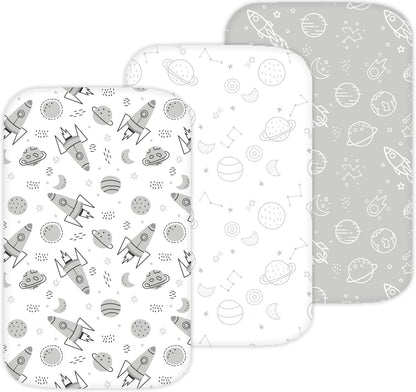 Bassinet Sheets for Papablic, CoZee, Cowiewie, Ezebaby, Nawahev Baby Bassinet Bedside Sleeper by TansyPanda, 3PC, 33x20, Ultra Soft, Breathable Snug Fit, Unisex Boys Girls, Gray White (Space Rockets)