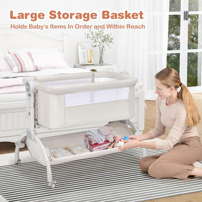 BABY JOY Baby Bassinet, 3-in-1 Rocking Bassinet w/Storage Basket, Double-Lock Design, 7 Adjustable Heights, Soft Mattress & Portable Travel Bag, Bassinet Bedside Sleeper for Newborns Infants (Beige)