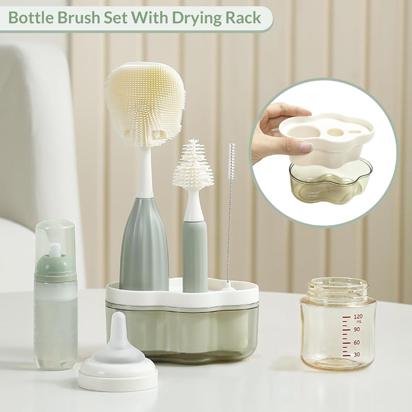 Baby Bottle Brush Kit with Push-Press Bubble and Drying Rack for Bottle Cleaning, Bendable Bottle Cleaner Brush for Baby Bottles, Breast Pumps, Nipples, Straws and More. Perfect for Home&Travel (Pink)
