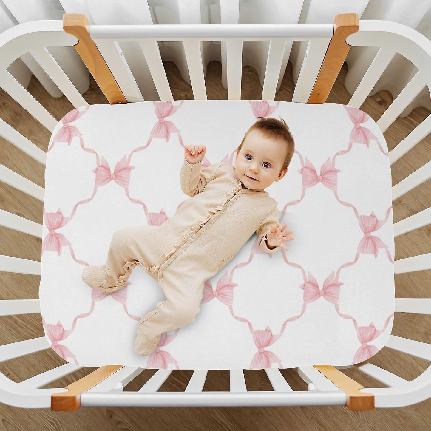 Fitted Crib Sheets Pink Checkered and Bows Stretchy Portable Playard Sheets for Baby Toddler, Breathable Soft Mini Crib Mattress 39 x 27 in for Boys and Girls