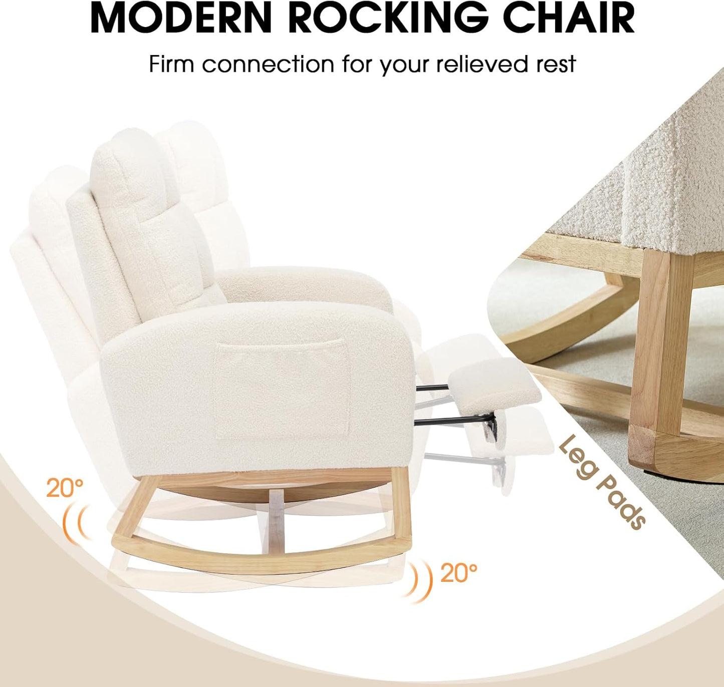 NIOIIKIT Modern Nursery Rocking Chair, Teddy Upholstered Rocking Chair with Footrest, Comfortable Rocker Recliner with Side Pocket, Rocker Glider for Living Room, Bedroom, Nursing Room (Apricot)