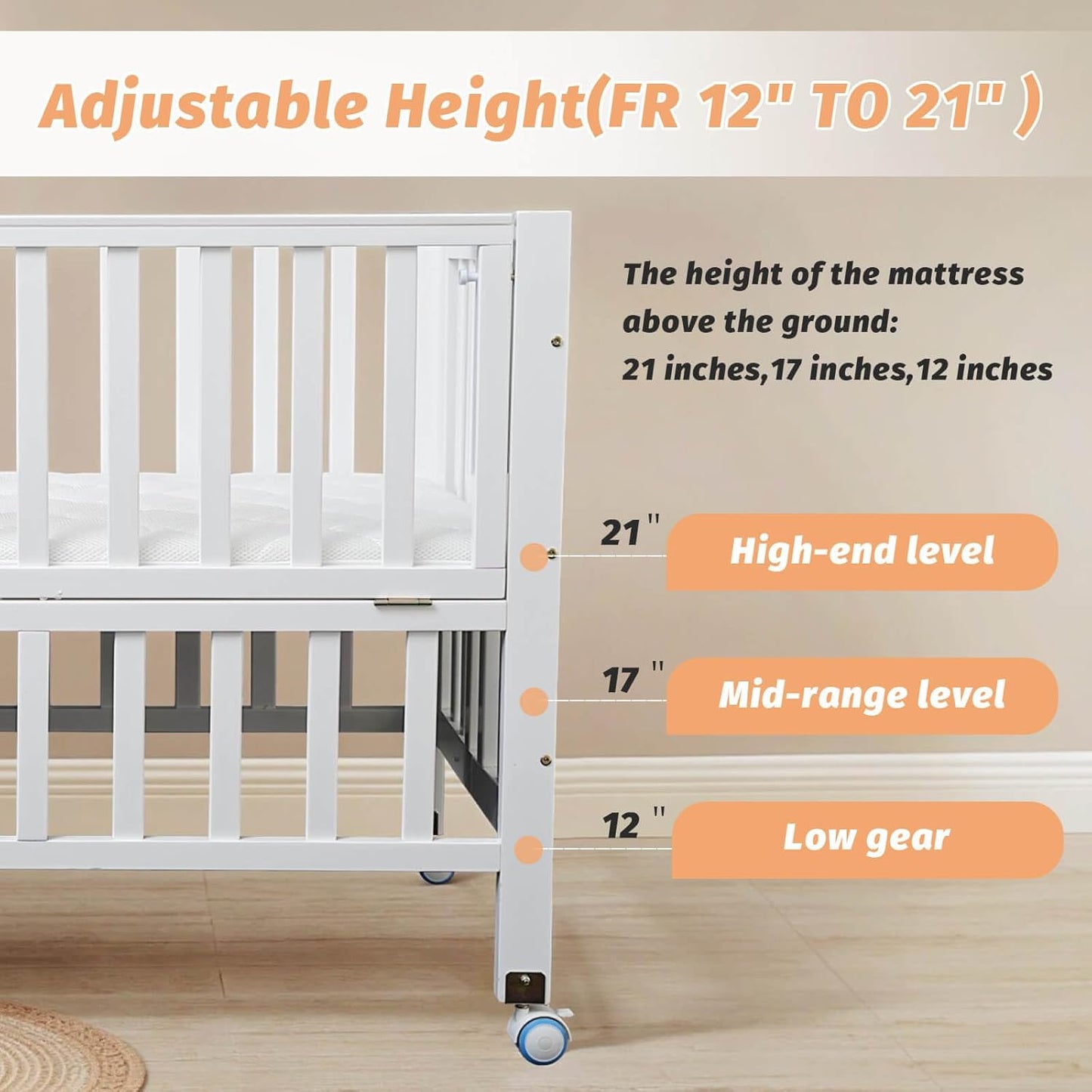 Flwrgirl Folding Wood Bedside Bassinet - Portable 4-in-1 Baby Bassinet with Breathable Mattress,3 Heights Baby Crib with Wheels,Mini Crib for Infant Newborn and Small Space,White