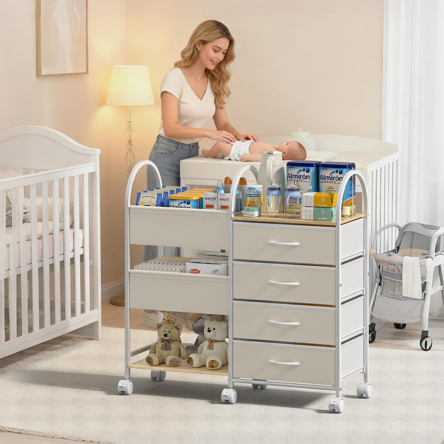 Baby Diaper Caddy Organizer Cart with Wheels, 4-Tier Rolling Diaper Cart with Dividers and Drawers, Multi-Layer Nursery Storage for Diapers & Baby Essentials