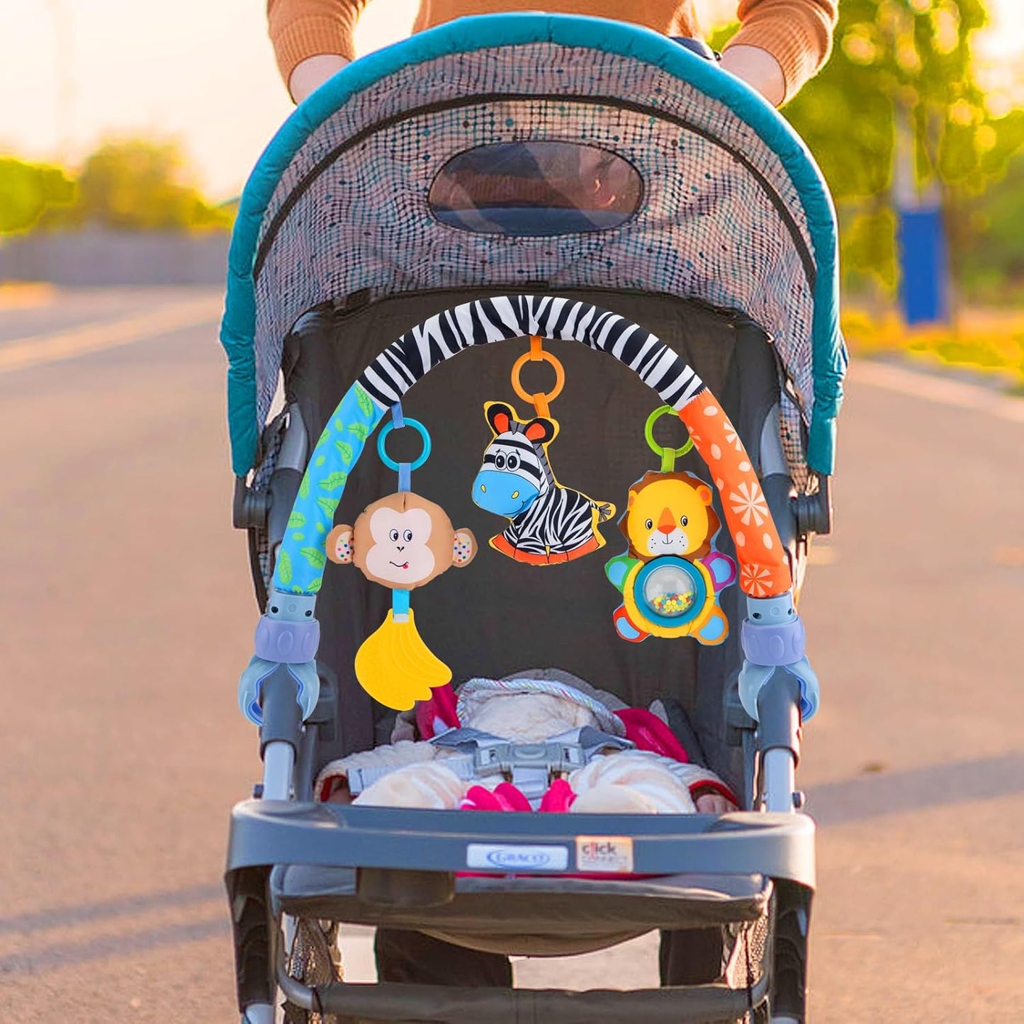 Baby Activity Stroller Arch Toys,Car Seat Toys for Adjustable Bouncer Arch Crib Bassinet Hanging Toys Mobile Clip on Stroller Developing Motor Infants Toddlers Skills with Rattle,Mirror,Teether Gift