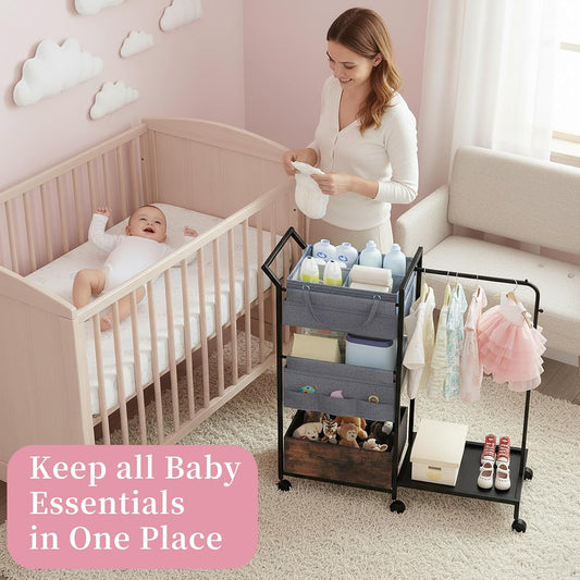 Baby Diaper Caddy Organizer - 3 Tier Rolling Cart with Kids Clothing Rack, Mobile Utility Cart with Dividers and Drawers, Large Capacity Storage Cart for Bedroom, Bathroom, Carts with Wheels