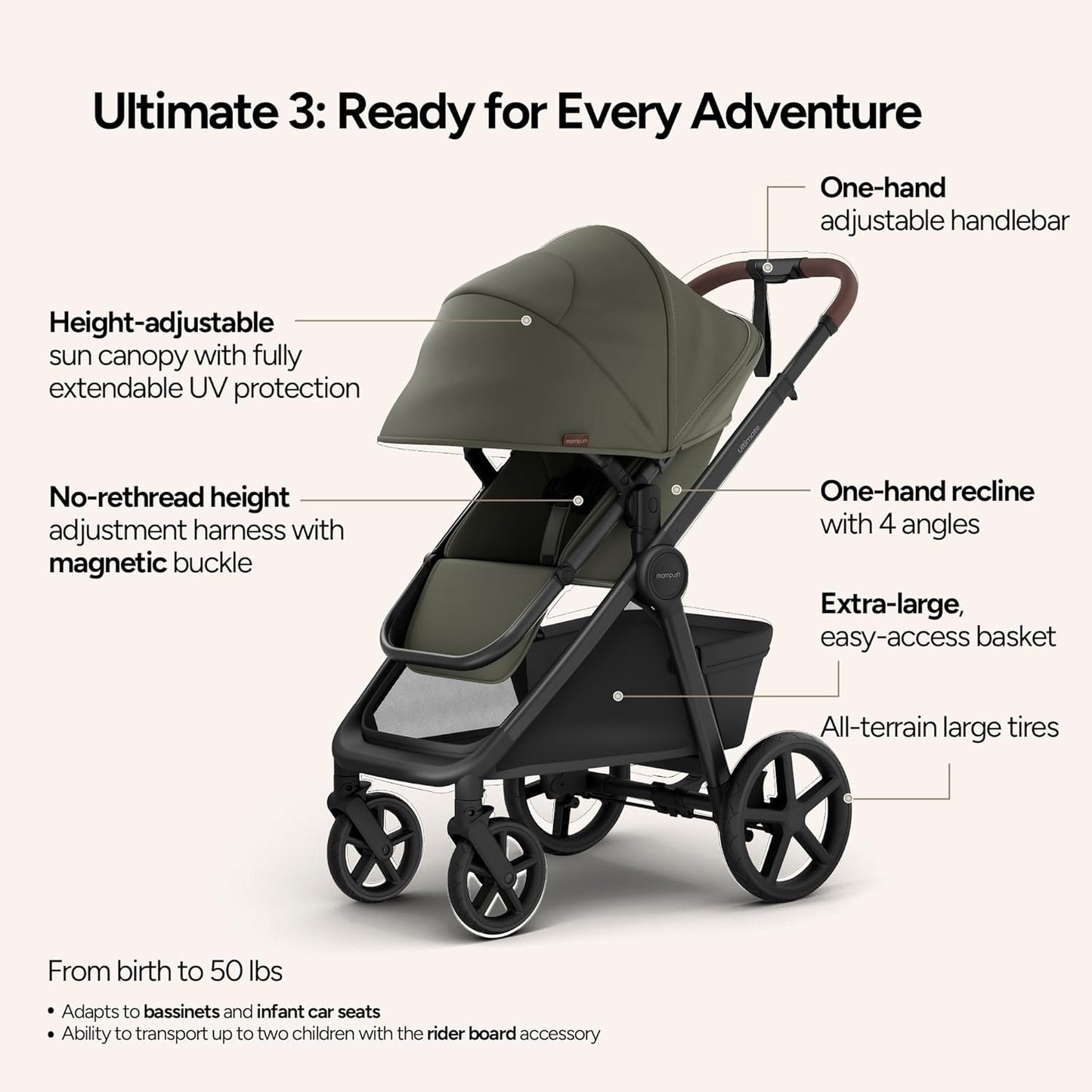 Mompush Ultimate2 Baby Stroller, Premium Convertible Full-Size Stroller for Toddler, Reversible Seat with One Hand Recline Adjustment, Car Seat Adapter Included