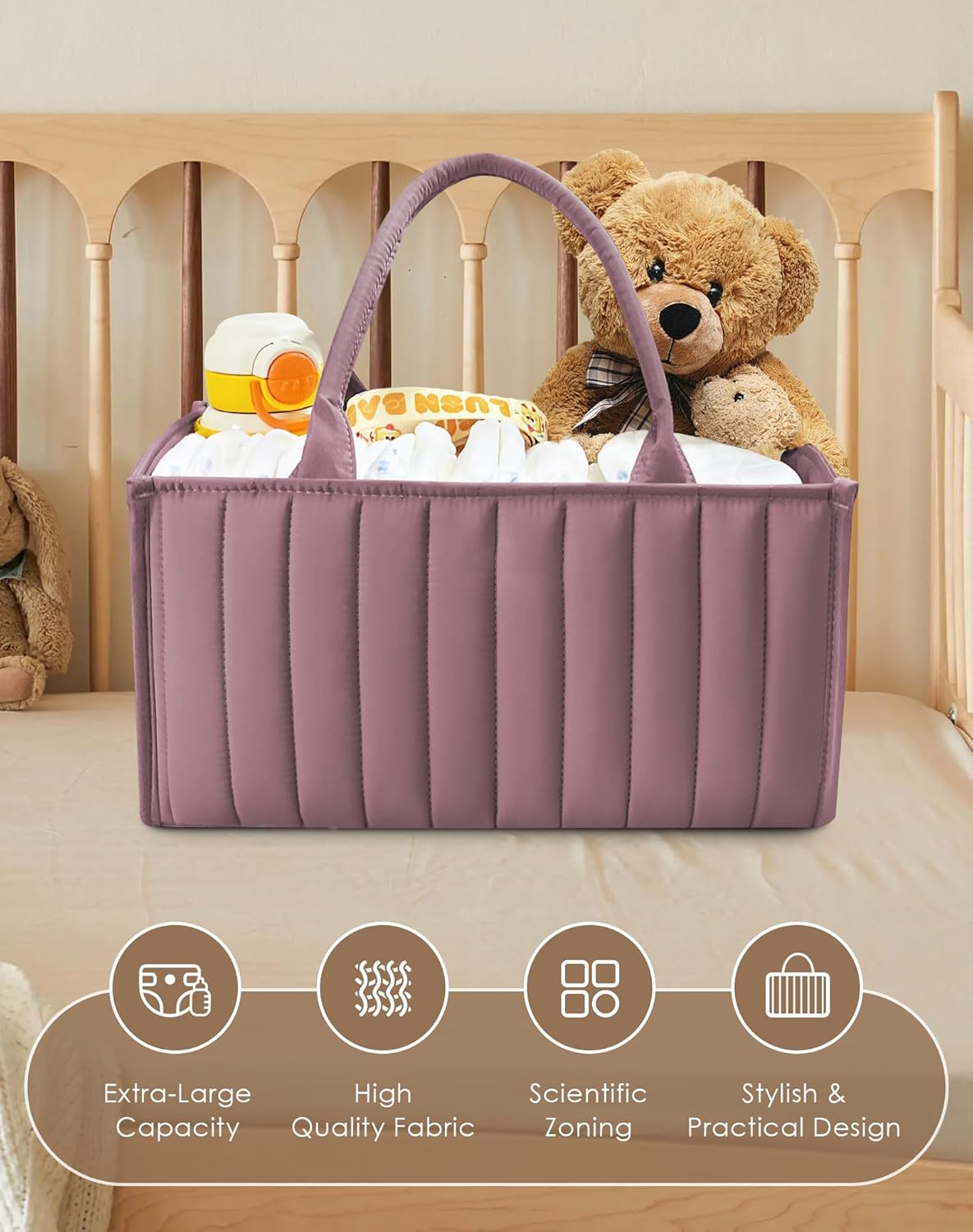 SWEET DOLPHIN 2-Pack Quilted Diaper Caddy Organizer – Premium Puffer Style Nursery Storage Bins – Water-Resistant & Wipeable Changing Table Organizer – Trendy Tote for Home & Car Travel - Mocha Brown