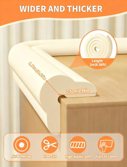 Edge Protector for Baby Proofing, 6.6FT 0.67’’Th L-Shape Air Buffering Soft NBR Rubber Foam Furniture Edge Bumper Guards with 6 Corners, Pre-Taped, Thick Table Bumper Guard for Babies (Beige)
