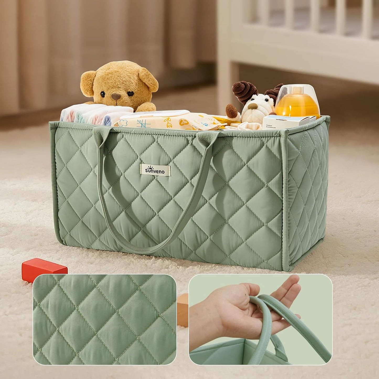 SUNVENO Quilted Diaper Caddy Organizer, Soft Padded Baby Diaper Caddy with Removable Dividers, Large Nursery Storage Basket for Diapers, Wipes and Baby Essentials, Portable Nursery Organizer, Brown