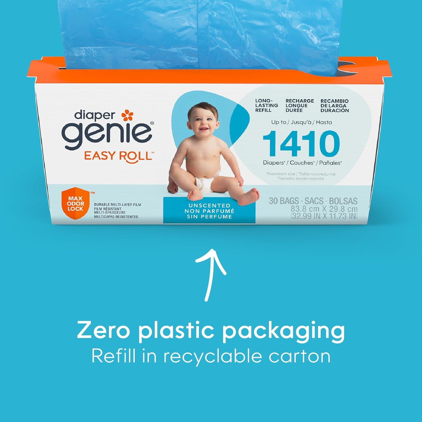 Diaper Genie Easy Roll Refill | 30 Bags Per Refill | Holds Up to 1410 Newborn Diapers | Odor Control | Diaper Pail Refill Bags | Fits Diaper Genie Signature & Platinum Pails
