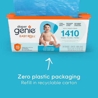 Diaper Genie Easy Roll Refill | 30 Bags Per Refill | Holds Up to 1410 Newborn Diapers | Odor Control | Diaper Pail Refill Bags | Fits Diaper Genie Signature & Platinum Pails