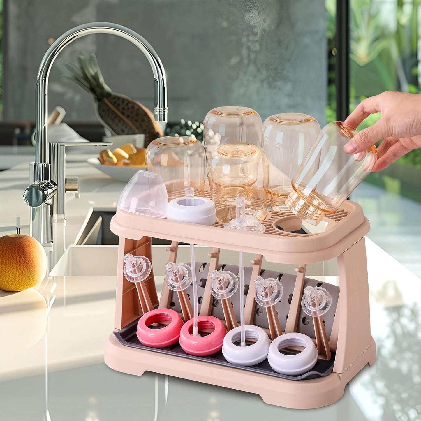 Baby Bottle Drying Rack，Travel Baby Bottle Drying Rack Set, Cleaner Kit with Silicone Bottle Brush,Straw Brush, Suitable for Home use or Traveling with Babies (Coffee Color)