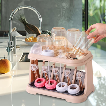 Baby Bottle Drying Rack，Travel Baby Bottle Drying Rack Set, Cleaner Kit with Silicone Bottle Brush,Straw Brush, Suitable for Home use or Traveling with Babies (Coffee Color)