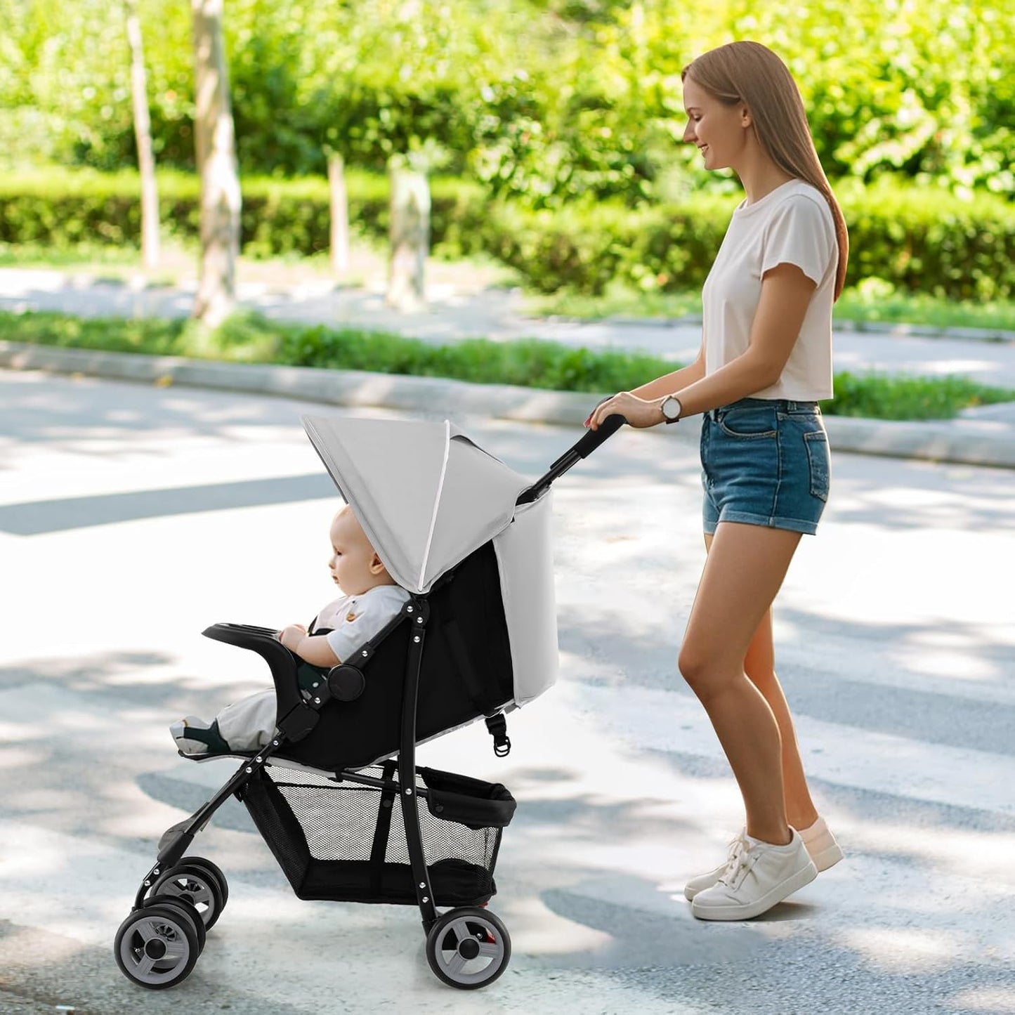 Baby Joy Lightweight Stroller, Compact Toddler Travel Stroller for Airplane, Infant Stroller w/Adjustable Backrest/Footrest/Canopy, 5-Point Harness, Storage Basket, Easy One-Hand Fold (Gray)