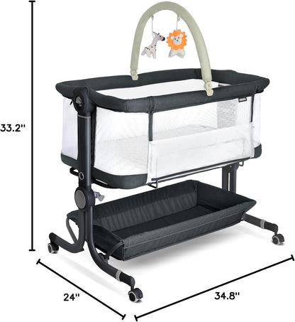KRIDDO 2-in-1 Baby Bassinet for Infant, Bedside Bassinet with All-around Breathable Mesh, Lockable Wheels, Adjustable Height and Incline, Bedside Sleeper for Baby with Large Storage Basket, Light Grey