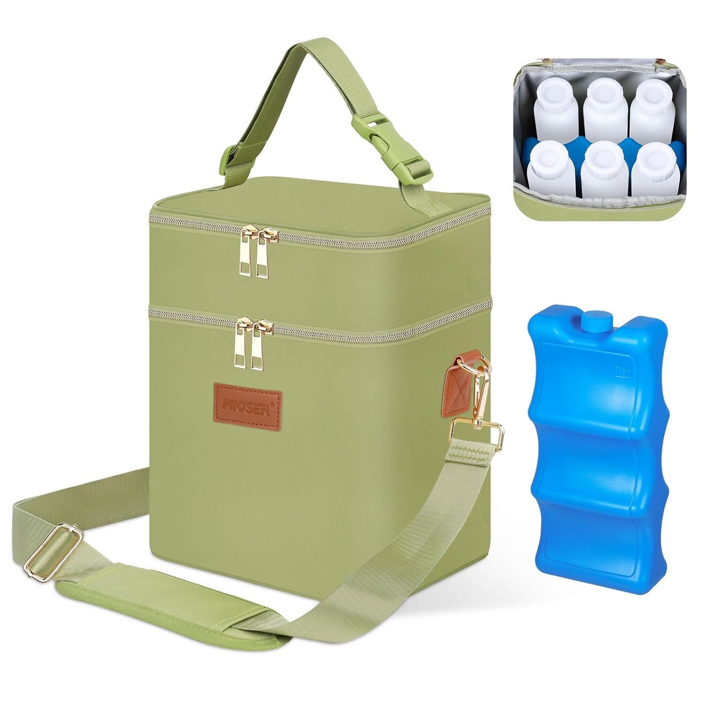 PIIOSER Breastmilk Cooler Bag with Ice Pack Fits 6 Baby Bottles Up to 9 Ounce, Insulated Baby Bottle Tote Bags, Double Layer Waterproof Leak-Proof with Shoulder Strap for Nursing & Working Mom (Grey)