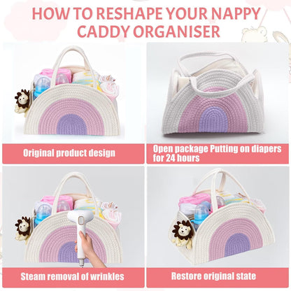 Baby Diaper Caddy- With Removable Dividers, Nursery Storage Bin and Car Organizer,Boy & Girl Shower Gift Basket,Portable Organizer,Nursery Essentials-Rainbow Purple