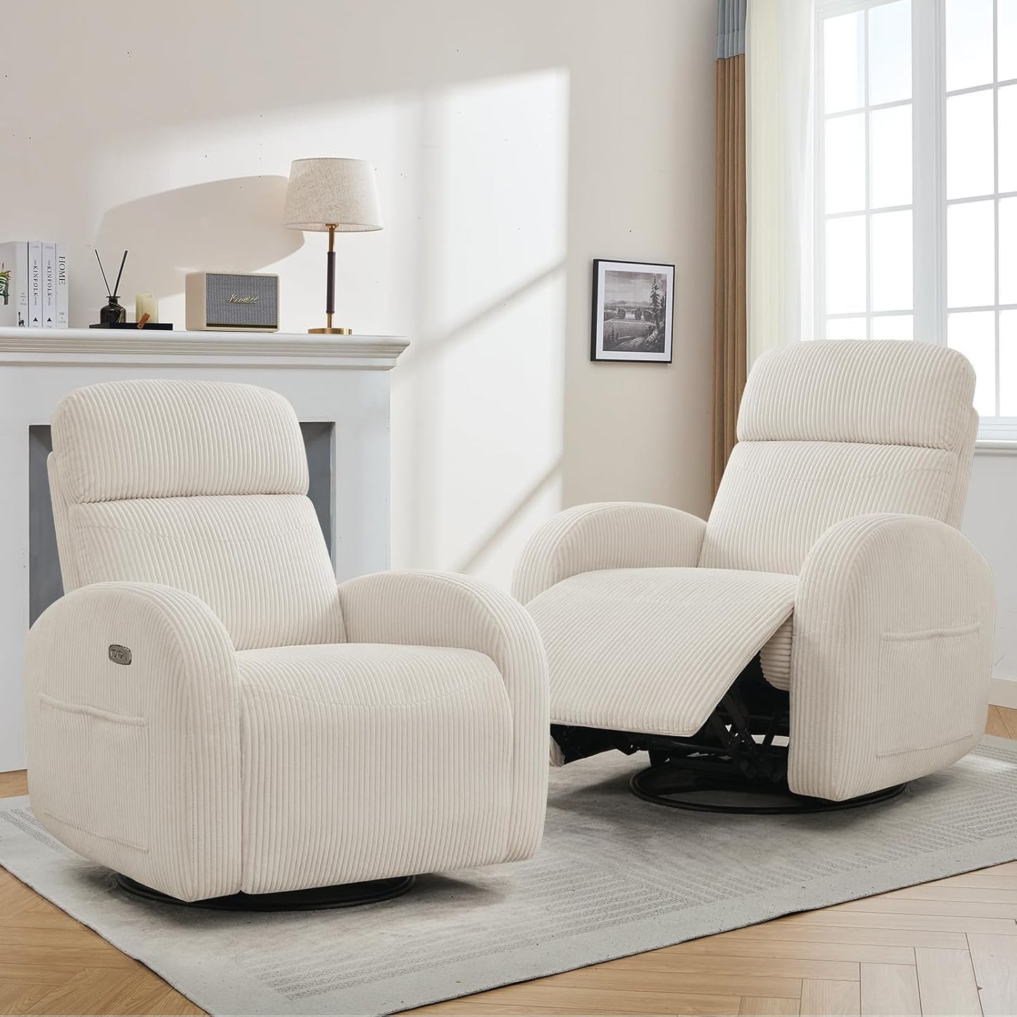Nursery Glider Recliner, Power Swivel Rocking Recliner with USB & Type-C Port, Swivel Nursering Reclining Rocker with Double Pockets for Living Room, Camel Chenille