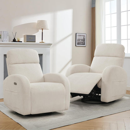 Nursery Glider Recliner, Power Swivel Rocking Recliner with USB & Type-C Port, Swivel Nursering Reclining Rocker with Double Pockets for Living Room, Camel Chenille