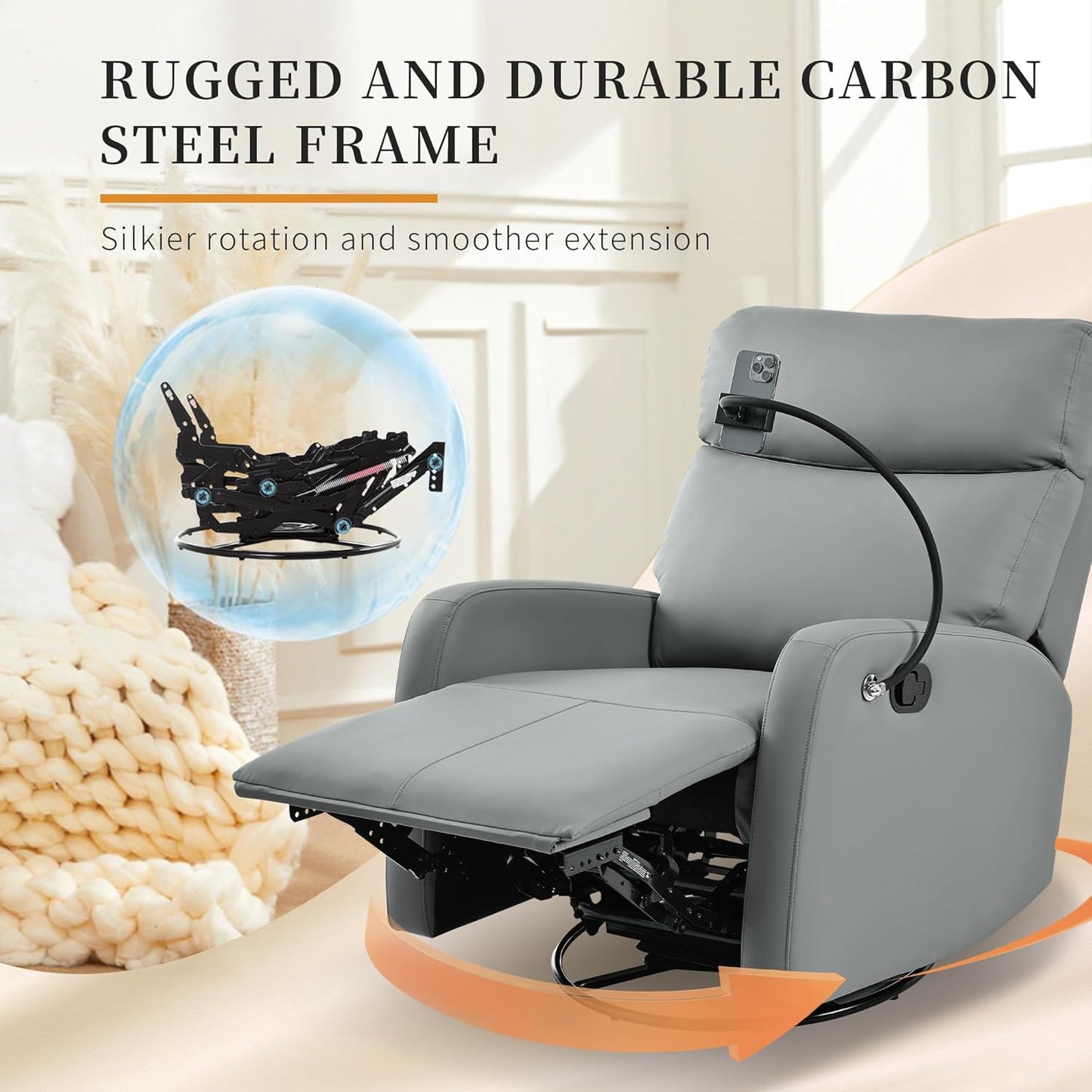 Power Swivel Rocker Recliner Chair for Nursery, Upholstered Glider Rocking Chair with Phone Holder,USB Ports, Small Recliners for Small Spaces Living Room, Bedroom
