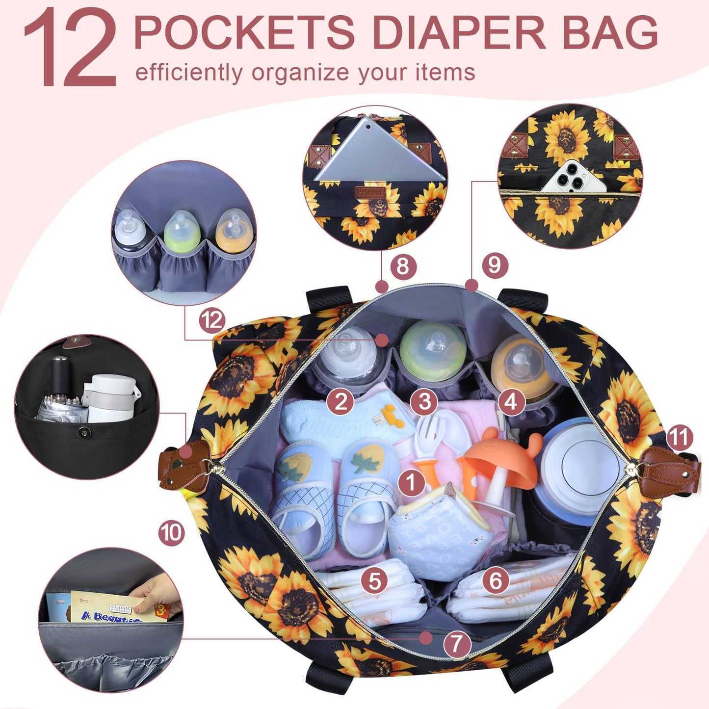 Pritent Diaper Bag Tote - Diaper Baby Bags with Pacifier Case, Shoulder Straps, Stroller Clips, Waterproof Large Mommy Maternity Travel Baby Bag for Mom and Dad, Green, Medium