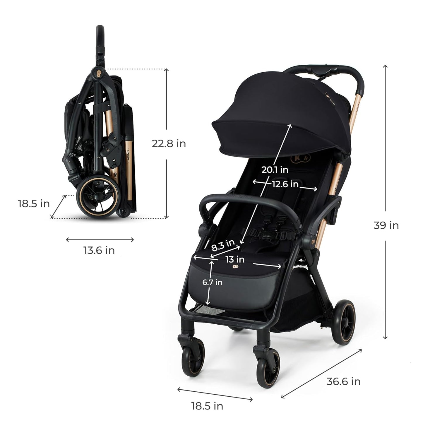 Kinderkraft APINO Lightweight Auto Folding Stroller, Compact Travel Baby Stroller for Newborn to Toddler, Reclining Seat, 5-Point Harness, Black