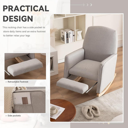 FOXHUNTER Rocking Chair Nursery with Adjustable Footrest and High Backrest, Upholstered Glider Chairs with Side Pockets for Nursery, Rocker Armchair Indoor for Living Room,Beige