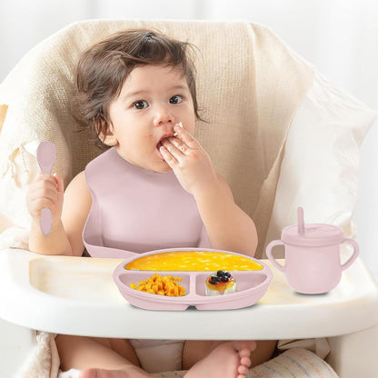 100% Silicone Baby Feeding Set, BPA Free Baby Dishes with Suction Bowl, Divided Plate, Toddler Self Feeding Dish Set with Spoons, Forks, Sippy Cup and Bib, Baby Eating Utensils (Navy Blue)