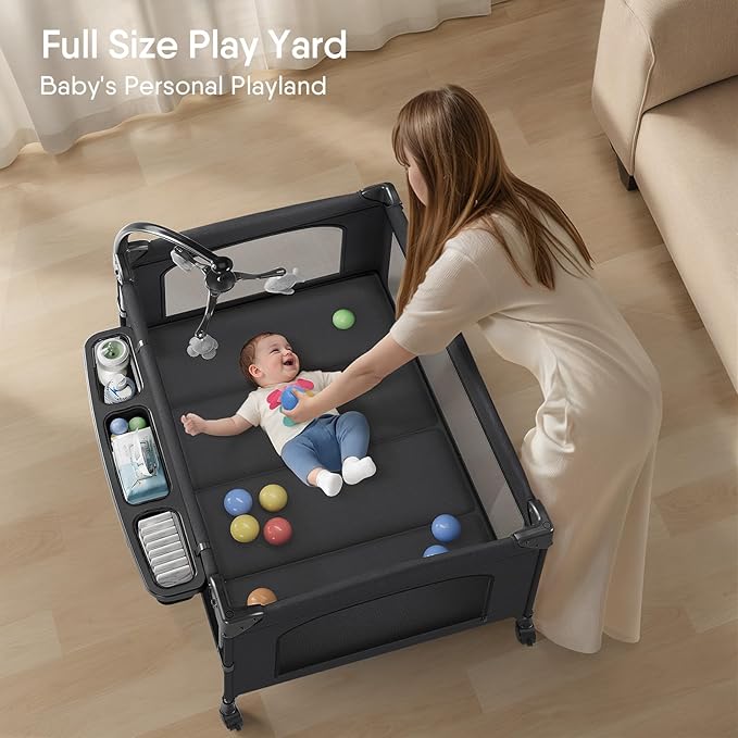 TinyGlow 4 in 1 Baby Bassinet, Pack and Play, Bedside Crib Sleeper, Diaper Changer, Quickly Assembled and Folded Portable Crib with Mattress and Mosquito Net, Easy to Carry