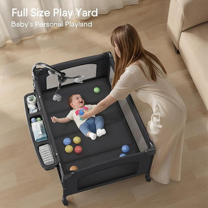 TinyGlow 4 in 1 Baby Bassinet, Pack and Play, Bedside Crib Sleeper, Diaper Changer, Quickly Assembled and Folded Portable Crib with Mattress and Mosquito Net, Easy to Carry