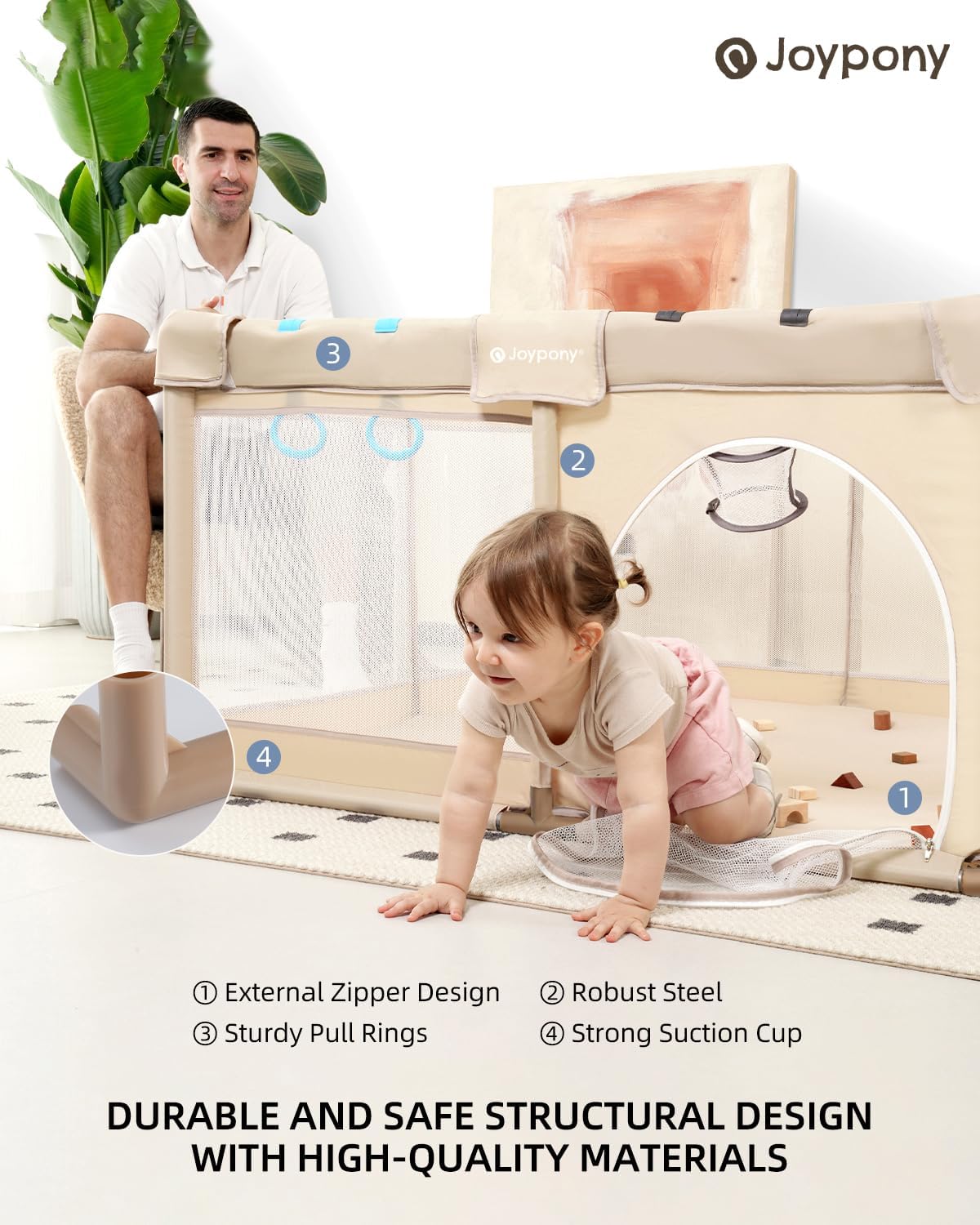 Joypony Baby Playpen with Mat, 50x50 in Small Play Pen for Babies, Toddler Playpen for Apartment, Indoors Play Yard with Soft Breathable Mesh (Beige with Mat)