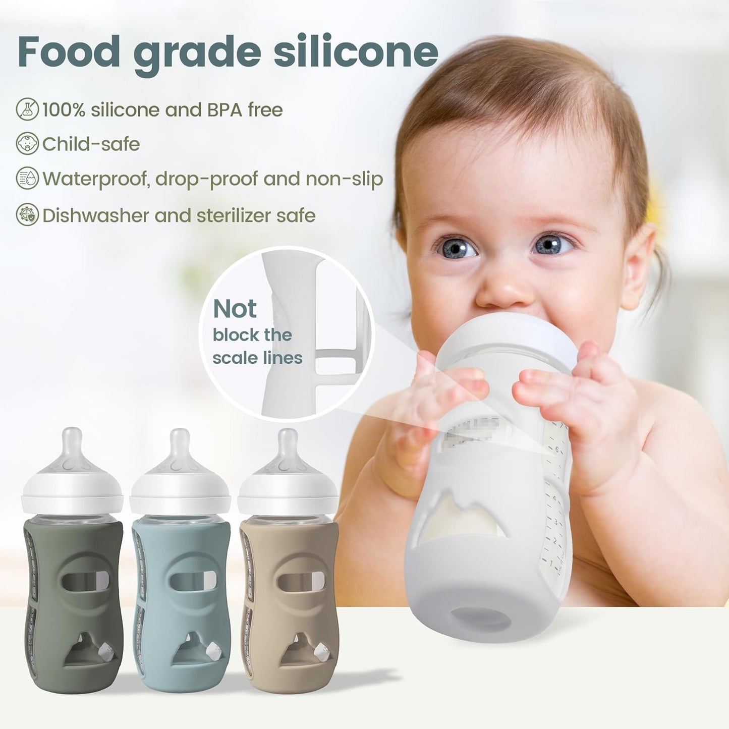 3 Pack Silicone Sleeves for Philips Avent Natural Glass Baby Bottles, Food Grade Silicone Anti Breakage Baby Bottles Holder, Compatible with Philips Avent Glass Natural Baby Bottle 8oz