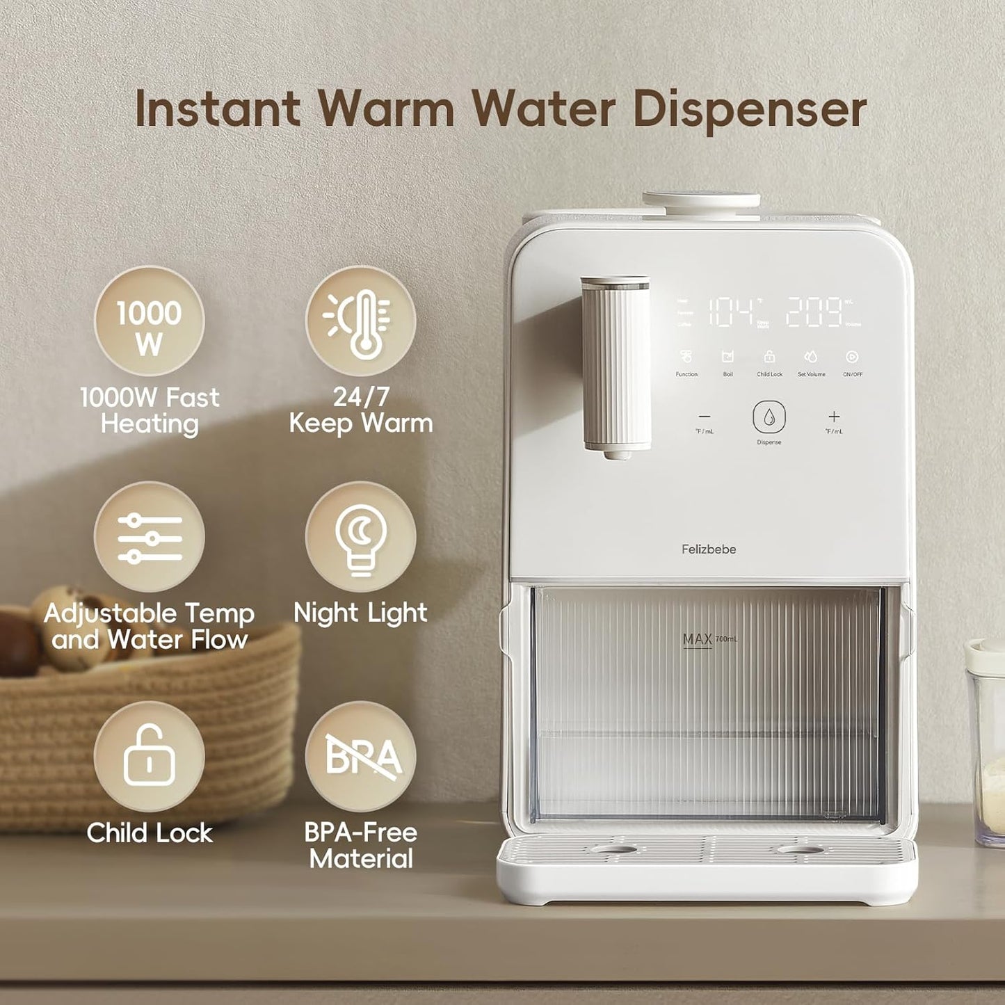 Instant Warm Water Dispenser, Water Warmer for Baby Formula, Adjustable Temperature & Volume, Hot Water Dispenser for Baby Bottle with Night Light, Detachable 3L Glass Water Tank, 7x24H Keep Warm