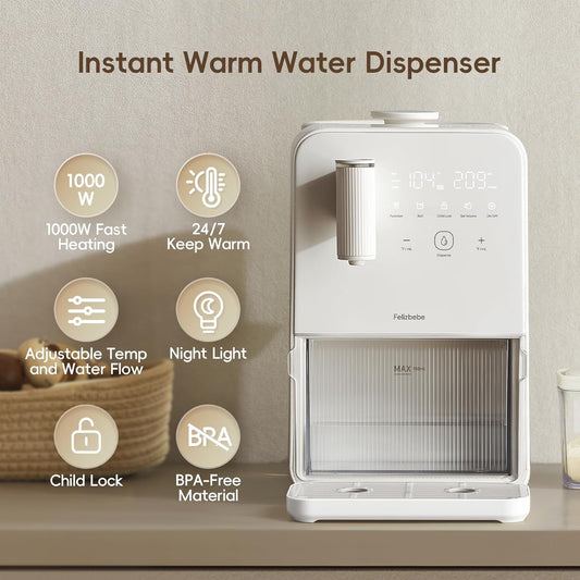 Instant Warm Water Dispenser, Water Warmer for Baby Formula, Adjustable Temperature & Volume, Hot Water Dispenser for Baby Bottle with Night Light, Detachable 3L Glass Water Tank, 7x24H Keep Warm