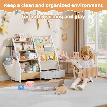 HAVLOTII Kids Bookshelf and Toy Storage - Book Shelf for Kids Rooms, Toddler Bookshelf Baby Bookcase for Nursery, Montessori Toy Organizer, Burlywood