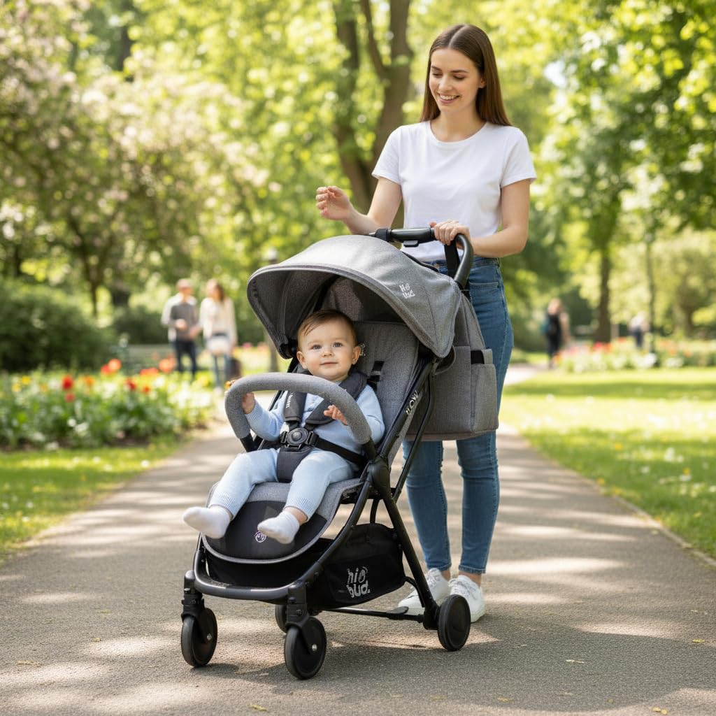 HiBud Baby Stroller, Lightweight Compact Stroller with One-Hand Auto Folding, 5-Point Harness, Adjustable Footrest, Multi-Position Recline, Carry Strap, Supports up to 40 lbs (Grey)